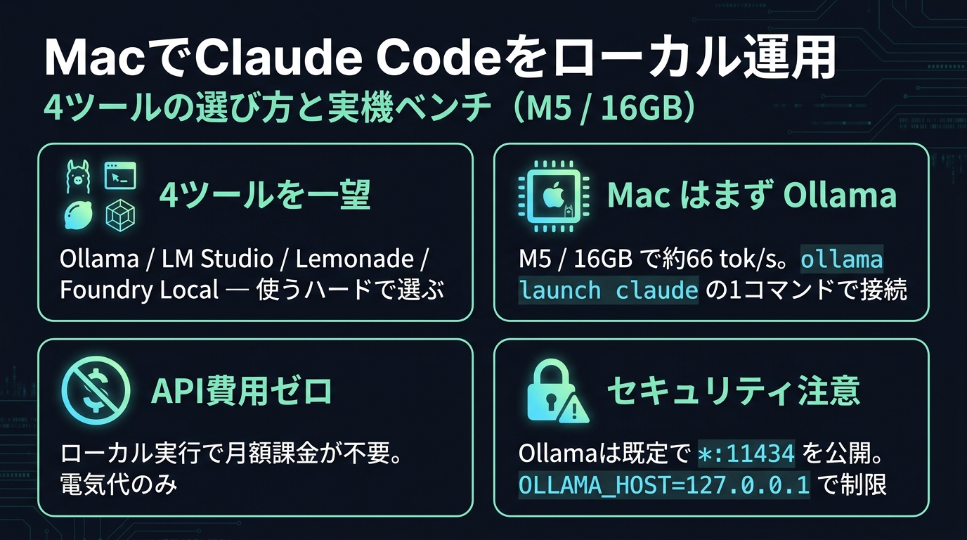 図: ローカルでClaude Codeを動かす4ツールの要点(M5/16GB実測値つき)